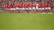 5 July 2015; The Cork team during the National Anthem. Munster GAA Football Senior Championship Final, Kerry v Cork. Fitzgerald Stadium, Killarney, Co. Kerry. Picture credit: Stephen McCarthy / SPORTSFILE