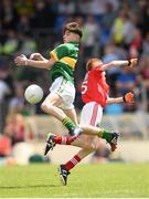 5 July 2015; Sean Kennedy, Scoil an Bhreac Chluain, Annascaul, Kerry, and Liam O'Connor, Cloghroe NS, Cork, during the Munster GAA Primary Game. Munster GAA Football Senior Championship Final, Kerry v Cork. Fitzgerald Stadium, Killarney, Co. Kerry. Picture credit: Stephen McCarthy / SPORTSFILE