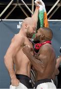 10 July 2015; Cathal Pendred and John Howard face off ahead of their UFC 189 Welterweight fight. MGM Grand Garden Arena, Las Vegas, USA. Picture credit: Esther Lin / SPORTSFILE