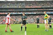 21 September 2008; Referee Maurice Deegan with Tyrone captain Brian Dooher, left, and Kerry captain Tomas O Se before the coin toss. GAA Football All-Ireland Senior Championship Final, Kerry v Tyrone, Croke Park, Dublin. Picture credit: David Maher / SPORTSFILE