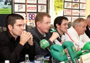 2 October 2008; Promoter Brian Peters speaking, second from left, alongside boxers Bernard Dunne, left, Henry Coyle, right, and Gerry Coyle Snr during a press conference to announce the next Hunky Dorys Fight Night on November 15th. Brian Peters Promotions Press Conference, Breaffy House Resort, Castlebar, Co. Mayo. Picture credit: Michael Donnelly / SPORTSFILE