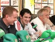2 October 2008; Boxer Henry Coyle, centre, shares a joke with promoter Brian Peters, left, and his father Gerry Coyle Snr during a press conference to announce the next Hunky Dorys Fight Night on November the 15th. Brian Peters Promotions Press Conference, Breaffy House Resort, Castlebar, Co. Mayo. Picture credit: Michael Donnelly / SPORTSFILE