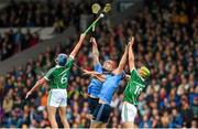 11 July 2015; Gavin O’Mahony, left, and Dan Morrissey, Limerick, in action against Ryan O'Dwyer, left, and Conal Keaney, Dublin. GAA Hurling All-Ireland Senior Championship, Round 2, Dublin v Limerick. Semple Stadium, Thurles, Co. Tipperary. Picture credit: Stephen McCarthy / SPORTSFILE