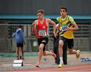 11 July 2015; Simon Jackson, City of Lisburn A.C., Co. Antrim, and Joseph Finnegan Murphy, Dublin Striders A.C., Co. Dublin, competing in the Boys U16 100m at the GloHealth Juvenile Track and Field Championships. Harriers Stadium, Tullamore, Co. Offaly. Picture credit: Sam Barnes / SPORTSFILE