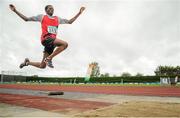 11 July 2015; Sean Thompson, Lucan Harriers A.C., Co. Dublin, competing in the Boys U17 Triple Jump at the GloHealth Juvenile Track and Field Championships. Harriers Stadium, Tullamore, Co. Offaly. Picture credit: Sam Barnes / SPORTSFILE