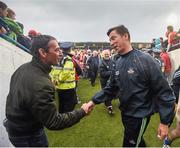 11 July 2015; Cork trainer David Matthews is congratulated by jockey Davy Russell after the game. GAA Hurling All-Ireland Senior Championship, Round 2, Clare v Cork. Semple Stadium, Thurles, Co. Tipperary. Picture credit: Stephen McCarthy / SPORTSFILE