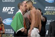 10 July 2015; Neil Seery and Louis Smolka face off during the weighs in ahead of the UFC 189 Interim Featherweight Title fight between Conor McGregor and Chad Mendes. MGM Grand Garden Arena, Las Vegas, USA. Picture credit: Esther Lin / SPORTSFILE