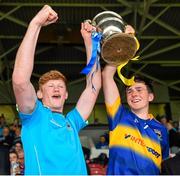 12 July 2015; Tipperary captain Stephen Quirke and vice captain Darragh Peters lift the cup. Electric Ireland Munster GAA Hurling Minor Championship Final, Limerick v Tipperary, Semple Stadium, Thurles, Co. Tipperary. Picture credit: Ray McManus / SPORTSFILE