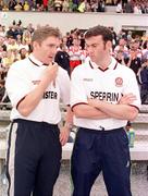 18 June 2000: Derry assistant manager Damien Cassidy, left, and Martin McElkennon, part of the Derry management team, in communication with manager Eamonn Coleman during the game. Derry v Antrim, Ulster Football Championship, Casement Park, Belfast. Picture credit: Oliver McVeigh / SPORTSFILE