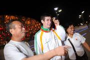 10 September 2008; Ireland's Michael McKillop, from Glengormley, Co. Antrim, celebrates with the Gold medal outside the 'Bird's Nest' after winning the Men's 800m - T37 in a World Record Time of 1:59.39. Beijing Paralympic Games 2008, Men's 800m - T37, National Stadium, Olympic Green, Beijing, China. Picture credit: Brian Lawless / SPORTSFILE