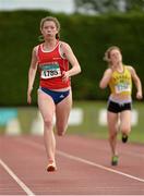12 July 2015; Lauren Ryan, Dooneen A.C., Co. Limerick competing in the Girls U17 200m at the GloHealth Juvenile Track and Field Championships. Harriers Stadium, Tullamore, Co. Offaly. Picture credit: Sam Barnes / SPORTSFILE