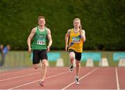 12 July 2015; Left, Calum McGrath, Celbridge A.C., Co. Kildare, battles with Mark Kilpatrick, Ballymena and Antrim A.C., Co. Antrim,  competing in the Boys U17 200m at the GloHealth Juvenile Track and Field Championships. Harriers Stadium, Tullamore, Co. Offaly. Picture credit: Sam Barnes / SPORTSFILE