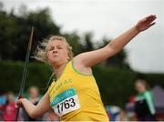12 July 2015; Shauna Lineman, North Cork A.C., Co. Cork, competing in the Girls U15 Javelin at the GloHealth Juvenile Track and Field Championships. Harriers Stadium, Tullamore, Co. Offaly. Picture credit: Sam Barnes / SPORTSFILE