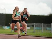 12 July 2015; Katie Murphy, Ferry Bank A.C., Co. Waterford, battles with Caitlin O'Reilly, Clonliffe Harriers, Co. Dublin whilst competing in the Girls U16 200m Final at the GloHealth Juvenile Track and Field Championships. Harriers Stadium, Tullamore, Co. Offaly. Picture credit: Sam Barnes / SPORTSFILE