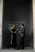 13 July 2015: Mayo joint manager Noel Connelly during an interview with Mike Finnerty, Mayo News Sport Editor and Midwest Radio commentator, following a press conference. Elverys MacHale Park, Castlebar, Co. Mayo. Picture credit: David Maher / SPORTSFILE