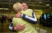 13 July 2015; Ireland's Thomas Barr pictured with his coach Hayley Harrison in Dublin Airport on his arrival home from the World University Games in Gwangju South Korea. Dublin Airport, Dublin. Picture credit: Piaras Ó Mídheach / SPORTSFILE