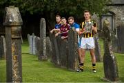 14 July 2015; In attendance at the launch of the GAA Hurling All-Ireland Senior Championship Series 2015, from left, Kieran Bergin, Tipperary, Andy Smith, Galway, Noel Connors, Waterford, and Cillian Buckley, Kilkenny, with the Liam MacCarthy Cup. St Canice's Cathedral, Kilkenny. Picture credit: Brendan Moran / SPORTSFILE