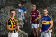 14 July 2015; In attendance at the launch of the GAA Hurling All-Ireland Senior Championship Series 2015, from left, Cillian Buckley, Kilkenny, with the Liam MacCarthy Cup, Noel Connors, Waterford, Andy Smith, Galway, and Kieran Bergin, Tipperary. St Canice's Cathedral, Kilkenny. Picture credit: Brendan Moran / SPORTSFILE