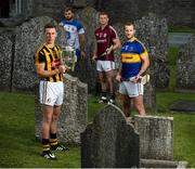 14 July 2015; In attendance at the launch of the GAA Hurling All-Ireland Senior Championship Series 2015, from left, Cillian Buckley, Kilkenny, with the Liam MacCarthy Cup, Noel Connors, Waterford, Andy Smith, Galway, and Kieran Bergin, Tipperary. St Canice's Cathedral, Kilkenny. Picture credit: Brendan Moran / SPORTSFILE