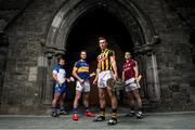 14 July 2015; In attendance at the launch of the GAA Hurling All-Ireland Senior Championship Series 2015, from left, Noel Connors, Waterford, Kieran Bergin, Tipperary, Cillian Buckley, Kilkenny, with the Liam MacCarthy Cup and Andy Smith, Galway. St Canice's Cathedral, Kilkenny. Picture credit: Brendan Moran / SPORTSFILE