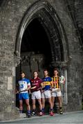 14 July 2015; In attendance at the launch of the GAA Hurling All-Ireland Senior Championship Series 2015, from left, Noel Connors, Waterford, Andy Smith, Galway, Kieran Bergin, Tipperary and Cillian Buckley, Kilkenny, with the Liam MacCarthy Cup. St Canice's Cathedral, Kilkenny. Picture credit: Brendan Moran / SPORTSFILE