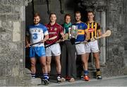 14 July 2015; In attendance at the launch of the GAA Hurling All-Ireland Senior Championship 2015, from left, Noel Connors, Waterford, Andy Smith, Galway, Shirley Parr, Curator, St Canice's Cathedral, Kieran Bergin, Tipperary, and Cillian Buckley, Kilkenny, with the Liam MacCarthy Cup. St Canice's Cathedral, Kilkenny. Picture credit: Brendan Moran / SPORTSFILE
