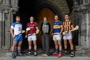 14 July 2015; In attendance at the launch of the GAA Hurling All-Ireland Senior Championship Series 2015, from left, Noel Connors, Waterford, Andy Smith, Galway, Shirley Parr, Curator, St Canice's Cathedral, Kieran Bergin, Tipperary, and Cillian Buckley, Kilkenny, with the Liam MacCarthy Cup. St Canice's Cathedral, Kilkenny. Picture credit: Brendan Moran / SPORTSFILE