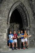 14 July 2015; In attendance at the launch of the GAA Hurling All-Ireland Senior Championship Series 2015, from left, Noel Connors, Waterford, Andy Smith, Galway, Shirley Parr, Curator, St Canice's Cathedral, Kieran Bergin, Tipperary, and Cillian Buckley, Kilkenny, with the Liam MacCarthy Cup. St Canice's Cathedral, Kilkenny. Picture credit: Brendan Moran / SPORTSFILE