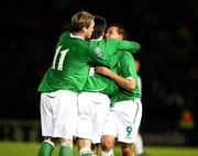 15 October 2008; David Healy, Northern Ireland, 9, celebrates with team-mates Keith Gillespie and Grant McCann, 11, after scoring his side's first goal. 2010 World Cup Qualifier, Northern Ireland v San Marino, Windsor Park, Belfast. Picture credit: Oliver McVeigh / SPORTSFILE