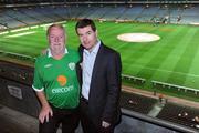 15 October 2008; Pictured soaking up the atmosphere at the Ireland v Cyprus World Cup Qualifying Match is Pat Cuffe with former Irish International soccer player Denis Irwin. Pat was chosen as the lucky winner of an eircom competition which resulted in him winning an evening in the corporate box with 9 of his friends and family. Croke Park, Dublin. Picture credit: Pat Murphy / SPORTSFILE