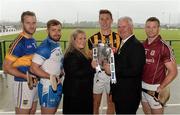 14 July 2015; In attendance at the launch of the GAA Hurling All-Ireland Senior Championship Series 2015, from left, Kieran Bergin, Tipperary, Noel Connors, Waterford, Louise Wheatley, Marketing Manager, Ireland, Etihad Airways, Cillian Buckley, Kilkenny, Uachtarán Chumann Lúthchleas Gael Aogán Ó Fearghail and Andy Smith, Galway. Langtons House Hotel, Kilkenny. Picture credit: Brendan Moran / SPORTSFILE