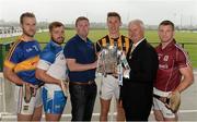14 July 2015; In attendance at the launch of the GAA Hurling All-Ireland Senior Championship Series 2015, from left, Kieran Bergin, Tipperary, Noel Connors, Waterford, Murice Nolan, Nolan Centre, Ardnore, Co. Kilkenny, Cillian Buckley, Kilkenny, Uachtarán Chumann Lúthchleas Gael Aogán Ó Fearghail and Andy Smith, Galway. Langtons House Hotel, Kilkenny. Picture credit: Brendan Moran / SPORTSFILE