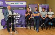 14 July 2015; In attendance at the launch of the GAA Hurling All-Ireland Senior Championship Series 2015, from left, Cillian Buckley, Kilkenny, Kieran Bergin, Tipperary, Noel Connors, Waterford, and Andy Smith, Galway with MC Barry Henriques. Dicksboro GAA Club, Kilkenny. Picture credit: Brendan Moran / SPORTSFILE