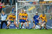 15 July 2015; Clare players including David Fitzgerald, goalkeeper Keith Hogan, Conor Cleary, and Bobby Duggan combine to save a late 21 metre free from Waterford's Austin Gleeson. Bord Gáis Energy Munster GAA u21 Hurling Championship, Semi-Final, Clare v Waterford, Cusack Park, Ennis, Co. Clare. Picture credit: Diarmuid Greene / SPORTSFILE
