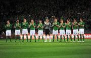 15 October 2008; The Republic of Ireland team, from left, Aiden McGeady, Paul McShane, John O'Shea, Glenn Whelan, Robbie Keane, Shay Given, Richard Dunne, Damien Duff, Kevin Doyle, Darron Gibson, and Kevin Kilbane applaud in memory of the late Noel O'Reilly. 2010 World Cup Qualifier, Republic of Ireland v Cyprus, Croke Park, Dublin. Picture credit: Brian Lawless / SPORTSFILE