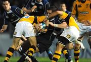 18 October 2008; Shane Jennings, Leinster, is tackled by Josh Lewsey, left, and Riki Flutey, London Wasps. Heineken Cup, Pool 2 Round 2, Leinster v London Wasps, RDS, Dublin. Picture credit: Pat Murphy / SPORTSFILE