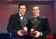 17 October 2008; Vodafone GAA All-Star players of the year, Tyrone Footballer Sean Cavanagh, left, and Kilkenny hurler Eoin Larkin during the GAA All-Stars Awards 2008 Sponsored by Vodafone. Citywest Hotel, Conference, Leisure & Golf Resort, Dublin. Picture credit: Brendan Moran / SPORTSFILE