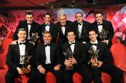 17 October 2008; Tyrone's, back row from left, Conor Gormley, Davy Harte, Mickey Harte, team manager, Brian Dooher, Philip Jordan. Front row from left, Enda McGinley, Tom Daly, Ulster Council GAA president, Sean Cavanagh, Justin McMahon during the GAA All-Stars Awards 2008 Sponsored by Vodafone. Citywest Hotel, Conference, Leisure & Golf Resort, Dublin. Picture credit: Ray McManus / SPORTSFILE