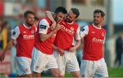 17 July 2015; Killian Brennan, left,  St Patrick's Athletic, celebrates after scoring his side's first goal with team-mates Conan Byrne, and Greg Bolger, right. SSE Airtricity League, Premier Division, Drogheda United v St Patrick's Athletic. United Park, Drogheda, Co. Louth. Photo by Sportsfile