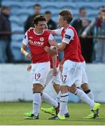 17 July 2015; Jamie McGrath, left, St Patrick's Athletic, is congratulated by team-mate Chris Forrester after scoring his side's first goal. SSE Airtricity League, Premier Division, Drogheda United v St Patrick's Athletic. United Park, Drogheda, Co. Louth. Photo by Sportsfile