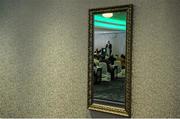 18 July 2015; The reflected image in a mirror of FAI Chief Executive John Delaney, speaking during the Football Association of Ireland AGM. Clarion Hotel, Sligo. Picture credit: David Maher / SPORTSFILE