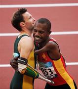 15 September 2008; Australia's Heath Francis is congratulated by second place Francis Kompaon, of Papua New Guinea, after he won the Men's 100m - T46 Final. Beijing Paralympic Games 2008, Men's 100m - T46 Final, National Stadium, Olympic Green, Beijing, China. Picture credit: Brian Lawless / SPORTSFILE