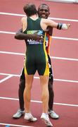 15 September 2008; Australia's Heath Francis is congratulated by second place Francis Kompaon, of Papua New Guinea, after he won the Men's 100m - T46 Final. Beijing Paralympic Games 2008, Men's 100m - T46 Final, National Stadium, Olympic Green, Beijing, China. Picture credit: Brian Lawless / SPORTSFILE