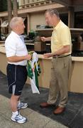 23 October 2008; Irish Manager Sean Boylan in conversation with GAA commentator Michael O'Muircheartaigh outside the team's Duxton Hotel before a press conference in advance of the Australia v Ireland International Rules game. 2008 International Rules tour, Duxton Hotel, Perth, Australia. Picture credit: Ray McManus / SPORTSFILE