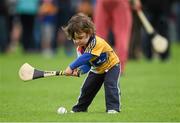 18 July 2015; Iarla Kelleher, aged two years, whose parents are from Bodyke, Co. Clare and The Rock, Co. Tyrone, plays hurling on the pitch after the game. GAA Football All-Ireland Senior Championship, Round 3B, Tipperary v Tyrone. Semple Stadium, Thurles, Co. Tipperary. Picture credit: Diarmuid Greene / SPORTSFILE