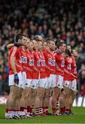 18 July 2015; The Cork team stand for the national anthem before the game. Munster GAA Football Senior Championship Final Replay, Kerry v Cork, Fitzgerald Stadium, Killarney, Co. Kerry. Picture credit: Brendan Moran / SPORTSFILE