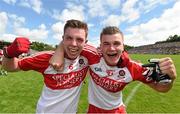19 July 2015; Michael McEvoy, left, and Niall Smith, Derry, celebrates their side's victory. Electric Ireland Ulster GAA Football Minor Championship Final, Cavan v Derry, St Tiernach's Park, Clones, Co. Monaghan. Picture credit: Stephen McCarthy / SPORTSFILE