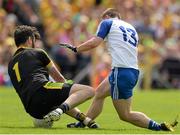 19 July 2015; Paul Durcan, Donegal, makes a save from Dermot Malone, Monaghan. Ulster GAA Football Senior Championship Final, Donegal v Monaghan, St Tiernach's Park, Clones, Co. Monaghan. Picture credit: Oliver McVeigh / SPORTSFILE