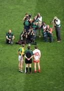 21 September 2008; Referee Maurice Deegan stands with Kerry captain Tomas O Se and Tyrone captain Brian Dooher for photographers before the game. GAA Football All-Ireland Senior Championship Final, Kerry v Tyrone, Croke Park, Dublin. Picture credit: Ray McManus / SPORTSFILE
