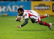 25 October 2008; Timoci Nagusa, Ulster, going over for Ulster's first try. Magners League, Ulster v Munster, Ravenhill Park, Belfast, Co. Antrim. Picture credit: John Dickson / SPORTSFILE